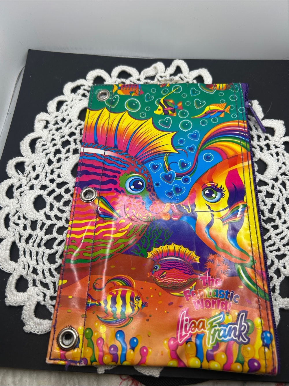 Lisa Frank Neon The Fantastic World kissing fish pencil pouch for 3 ring binder
